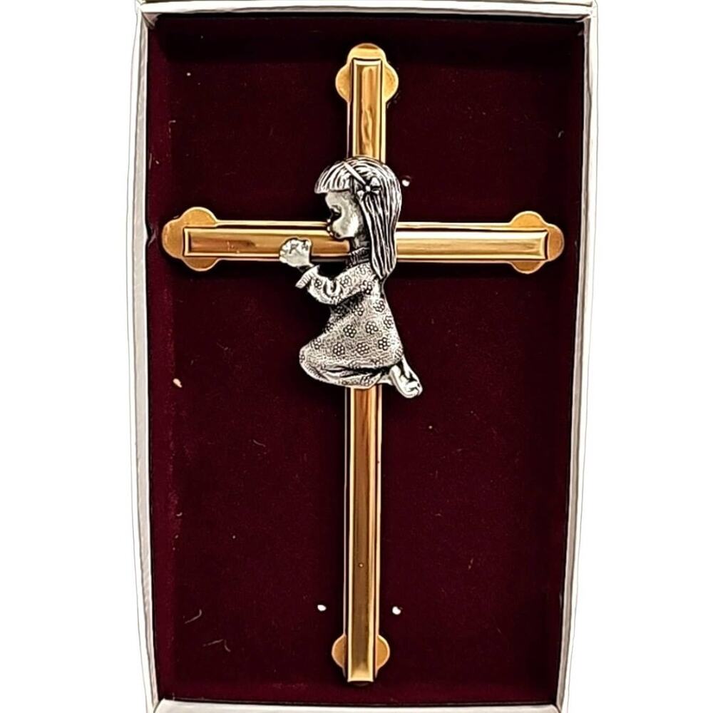 Camco Vintage Praying Girl on a Cross Crucifix Pewter Gold Wall Hanging Baptism